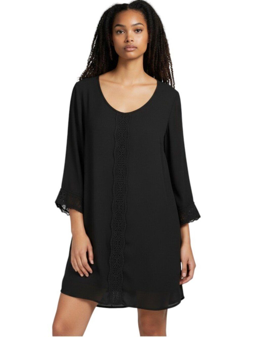 ASTR The Label Black Crochet Trim Long Sleeve Open Back V Neck Mini Dress Size S